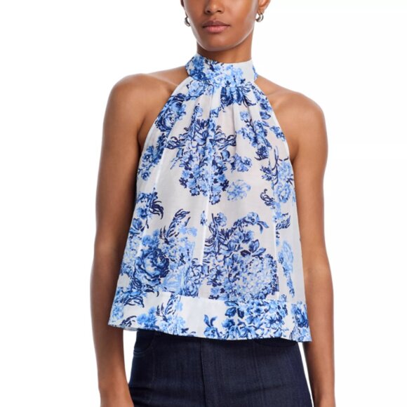Cinq à Sept 'Rashan' Cotton-Silk Floral Sleeveless Halter Top Blue/White